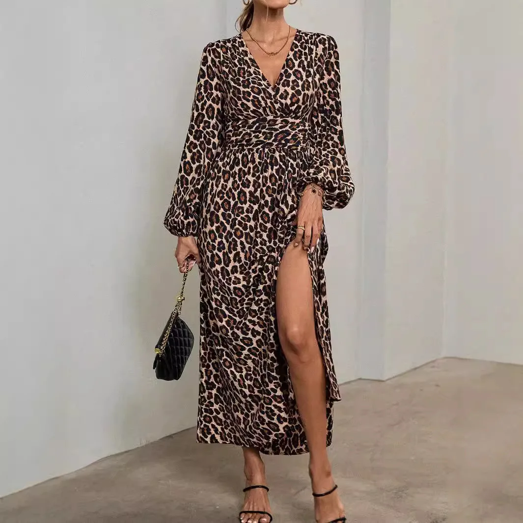 فستان نسائي لخريف وشتاء 2025 فستان نسائي جديد بأكمام واسعة بتصميم سموكيد بفتحة عالية أنيق وأكمام طويلة فستان ميدي #2