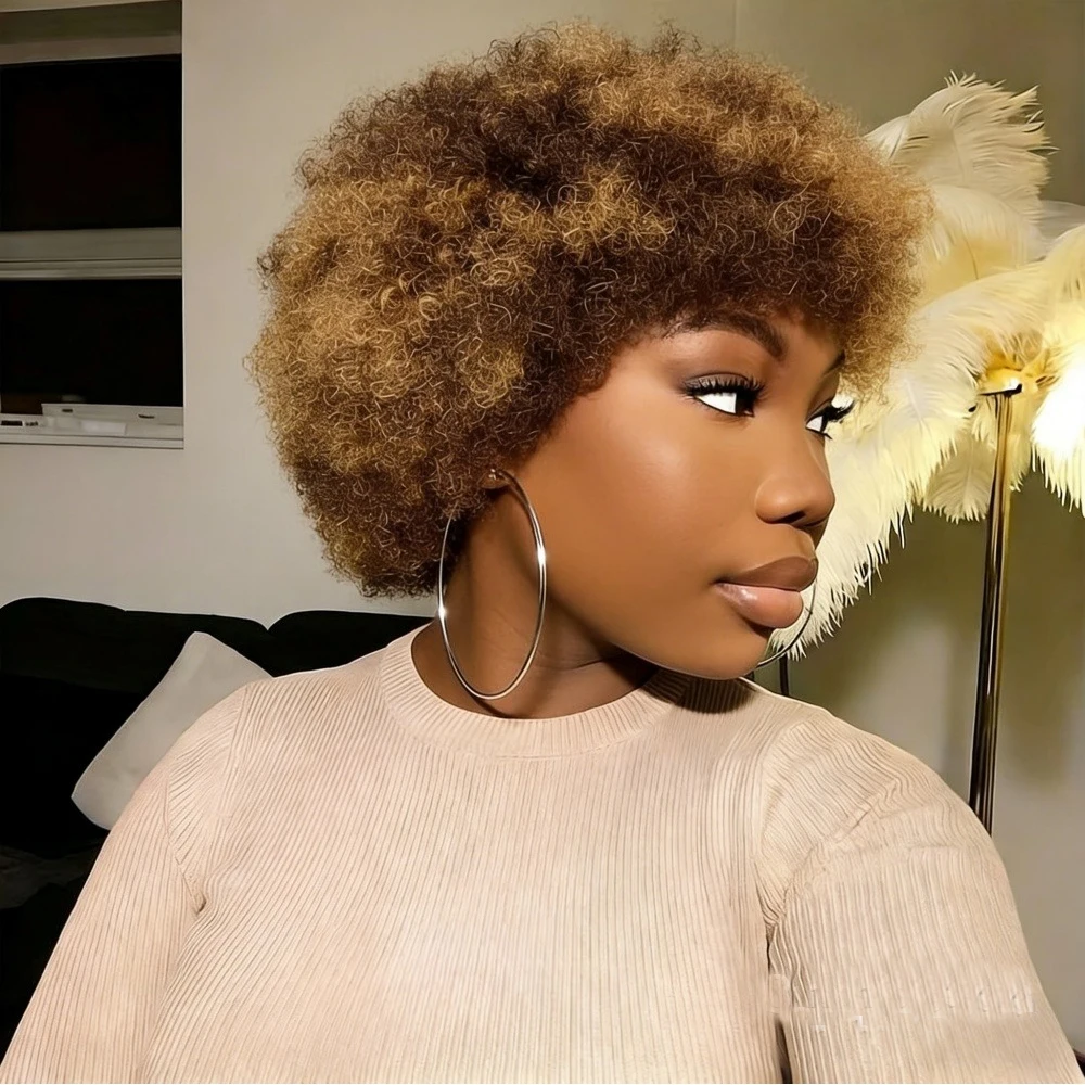 P427# Afro Kinky Curly Wig Human Hair Ombre Brown Blonde Kinky Curly Afro Human Hair Wigs for Women Cosplay Full Machine Wig