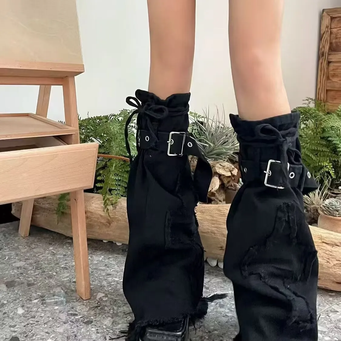 Harajuku Gothic Lolita Cross Spliced Black Flared Leg Warmers Denim Boots Cover Women Grunge Y2k Girl Leggings Knee-Long Socks
