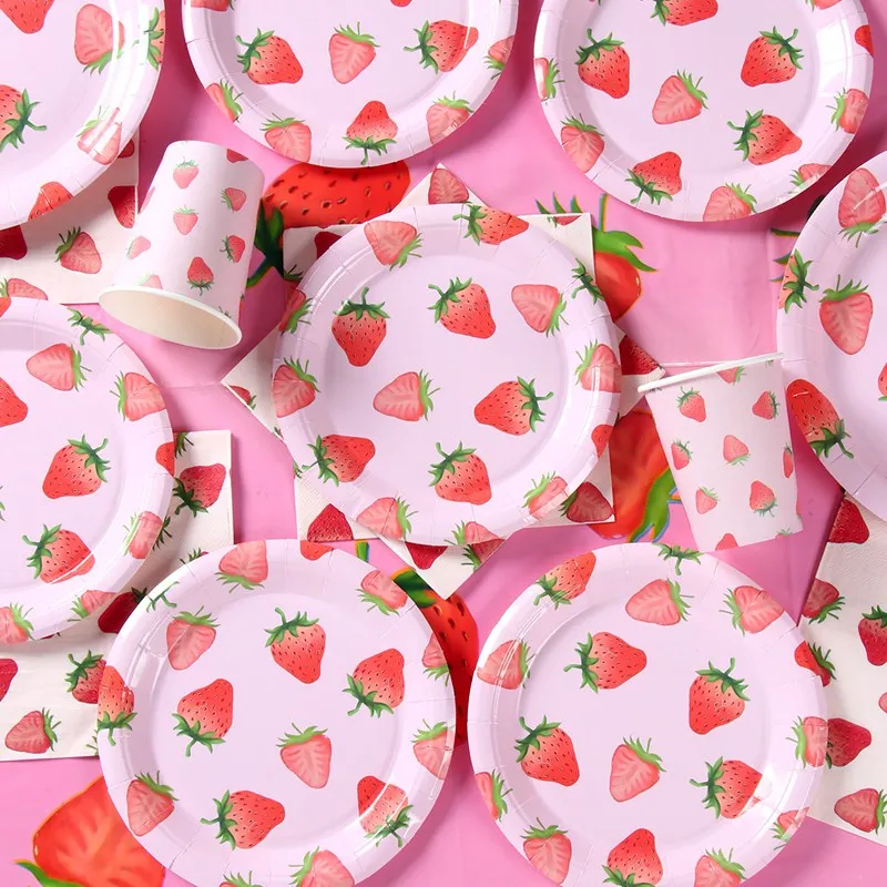 1set Strawberry Paper Banner Plate Cup Tablecloth Candy Bag For Kids 1st Summer Strawberry Birthday Party Decoration Supplies