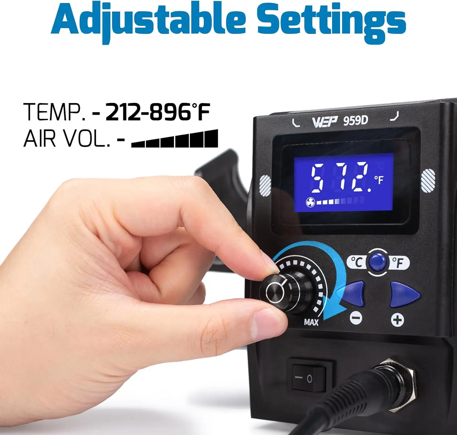 959D 열풍 SMD 납땜 리워크 스테이션 (퀵 체인지 노즐 포함, 5개 노즐, 온도 조절 기능) ° C/ ° F, 버저