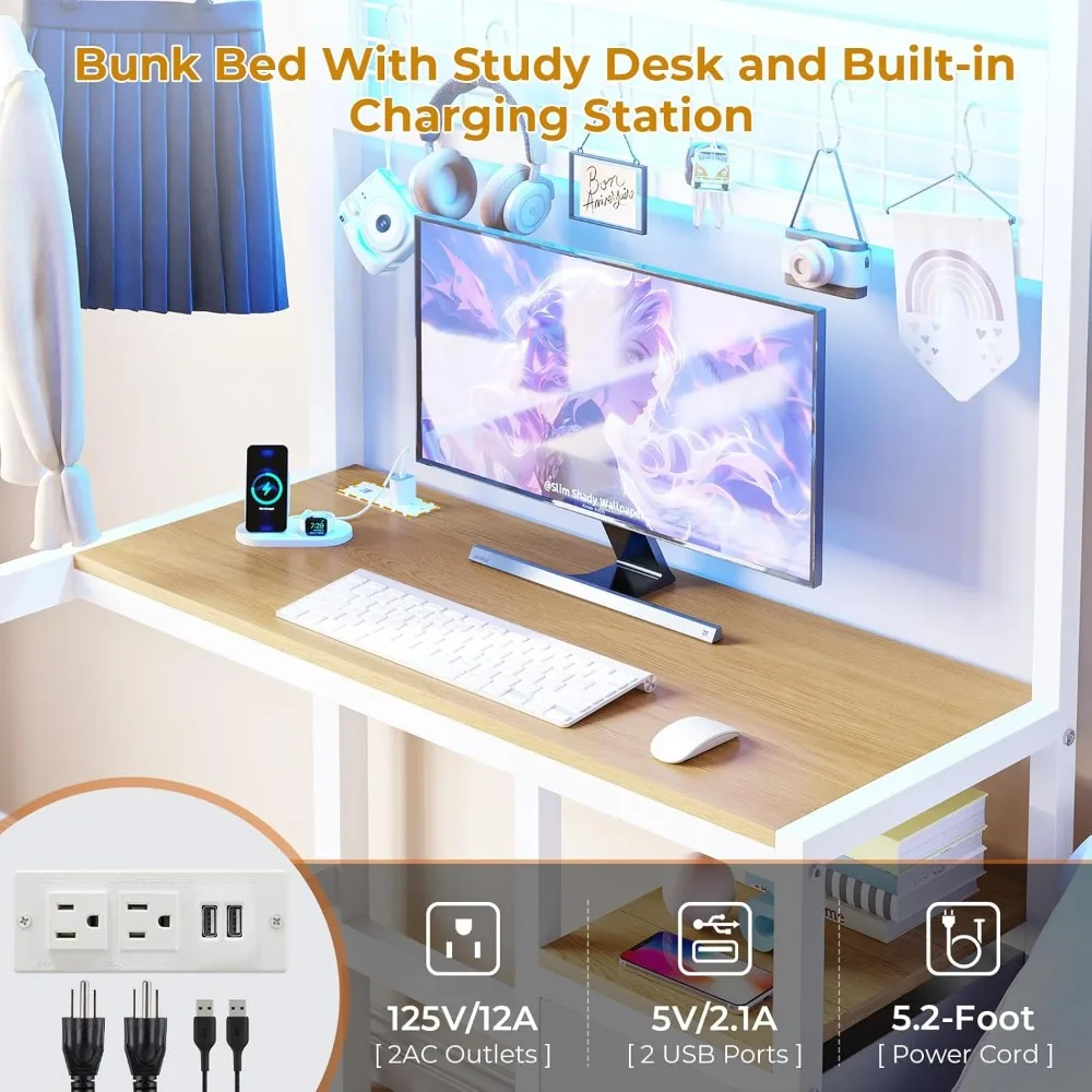 سرير مزدوج بطابقين معدني مع مكتب، ومحطة شحن، وأضواء LED، وأرفف تخزين، وأدراج #4