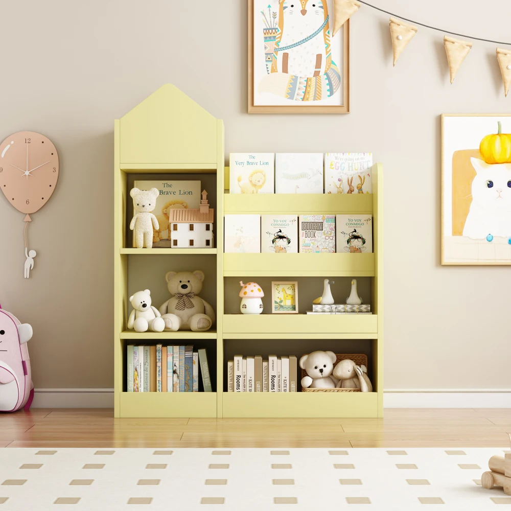 Organizzatore di stoccaggio per giocattoli da scaffale in legno giallo per bambini con libreria, unità di stoccaggio per bidoni per bambini con 6 scomparti 2 cestini contenitori giocattoli