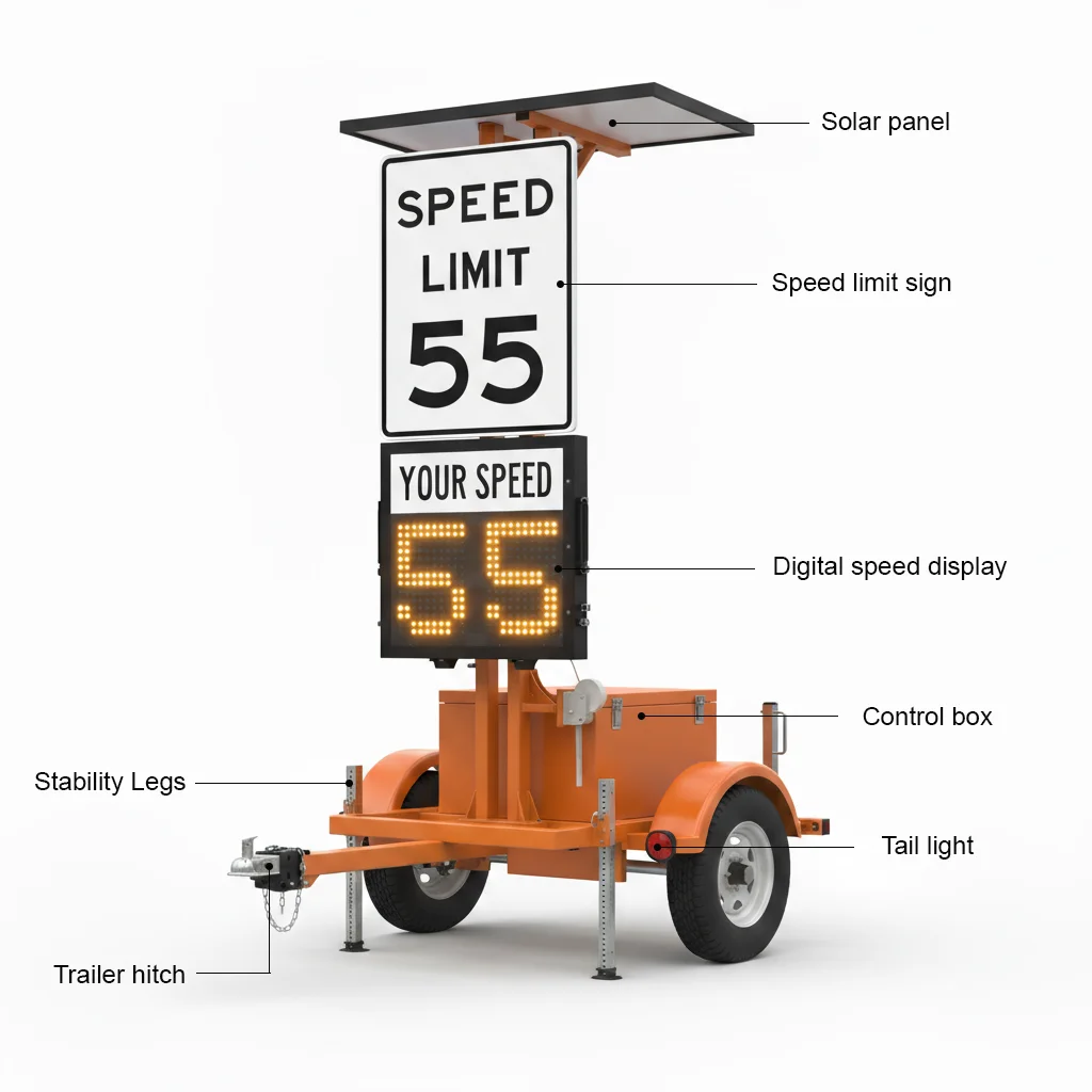 GUANGAN Portable Solar LED Display Vehicle Speed Radar Activated Highway Traffic Safety Sign For TrailerWarning Road Sign