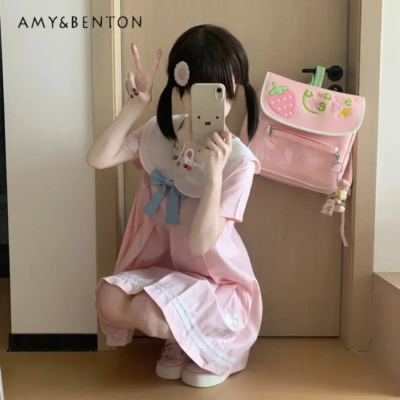 25COSCute آذان أرنب مطرزة الياقة البحرية فستان قصير نحيف الصيف اليابانية نمط Preppy الحلو كم قصير سليم الوردي مطوي