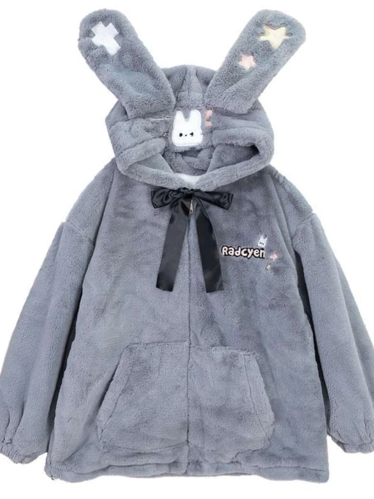 

Vintage Harajuku Cute Y2K Rabbit Hoodie Women Loose Long Sleeve Embroidery Bow Zipper Thick Coats Casual Elegant Fashion Tops