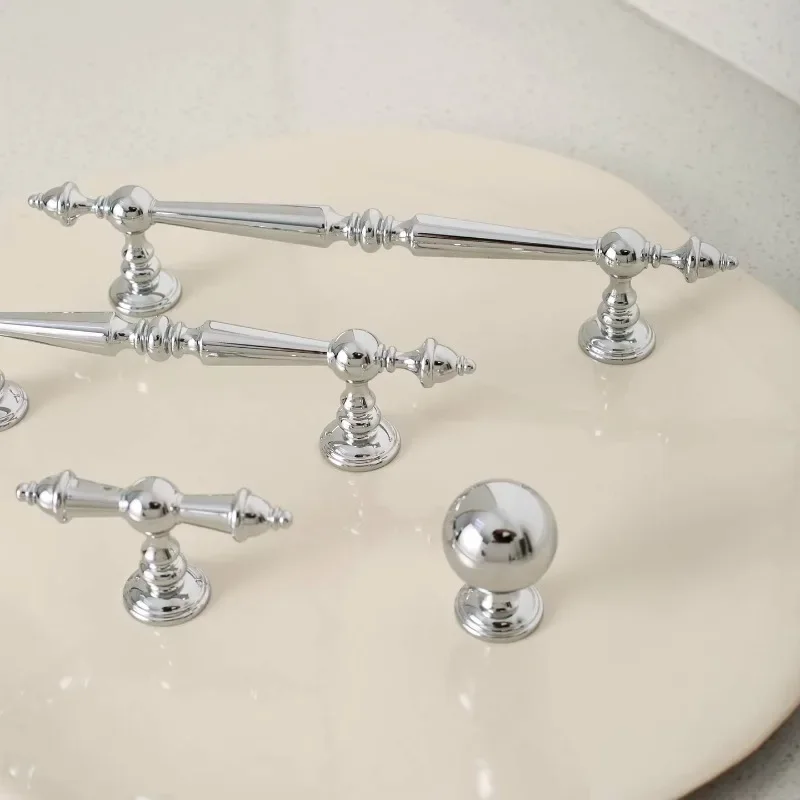 

Bright Chrome Solid Brass Cabinet Knobs French Luxury Cupboard Handles Silver Furniture Hardware Drawer Pull Kitchen Accessories