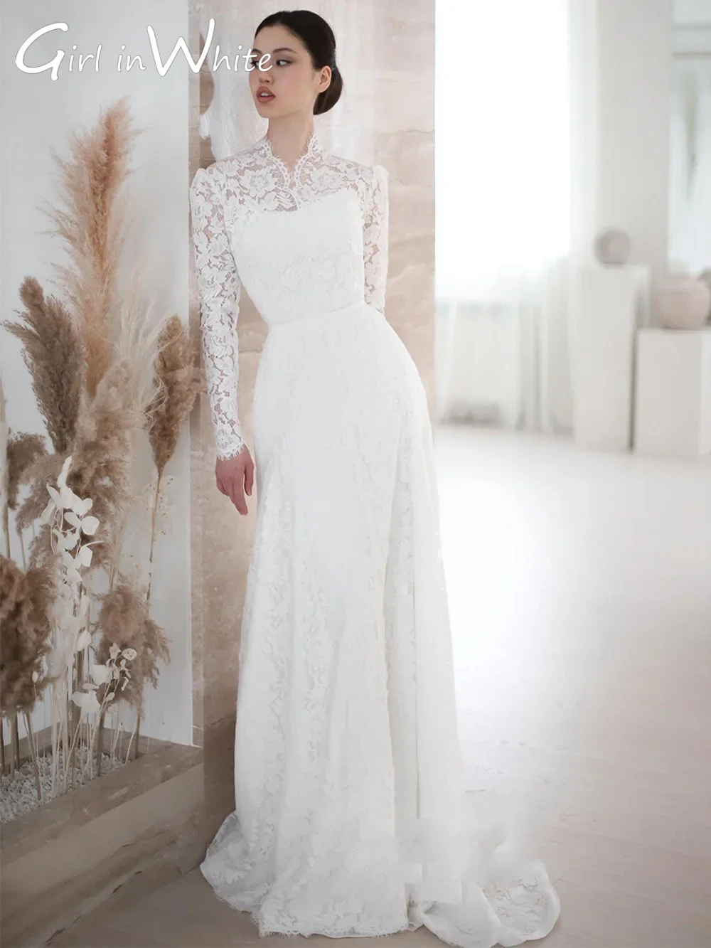 Customized Luxurious Sweetheart Mermaid Lace Bridal Gown Slim Fit Illusion Long Sleeves Embellished with Pearls Court Train