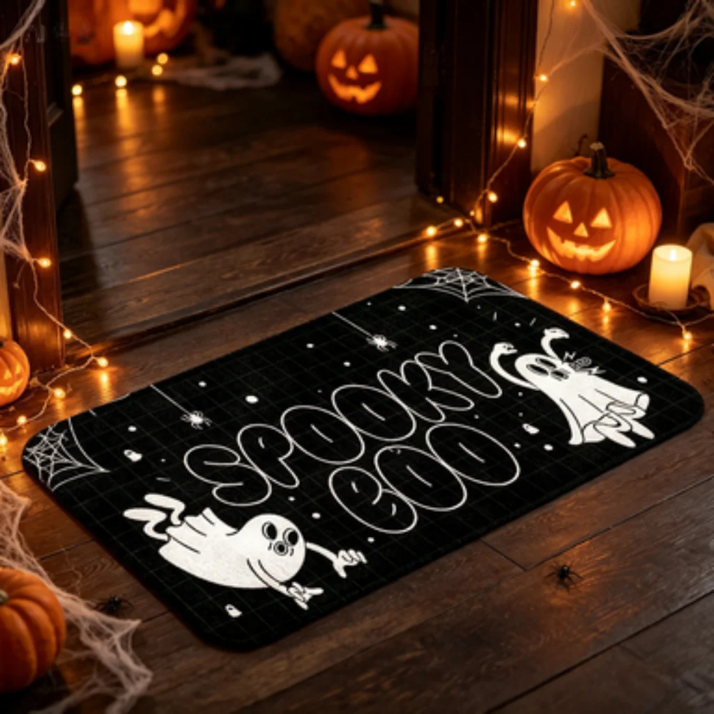 Pink Heart Glasses Welcome Mat,Spooky Ghost Spider Mat,Halloween Pumpkin Bat Runner, Autumn Maple Door Mat,CuteGhost Pumpkin mat