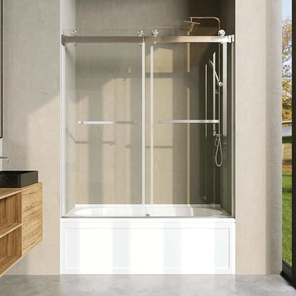 Bathtub Shower Door Clear Tempered Glass with Towel bar, Double Sliding Door, Brushed Nickel Finish shower door