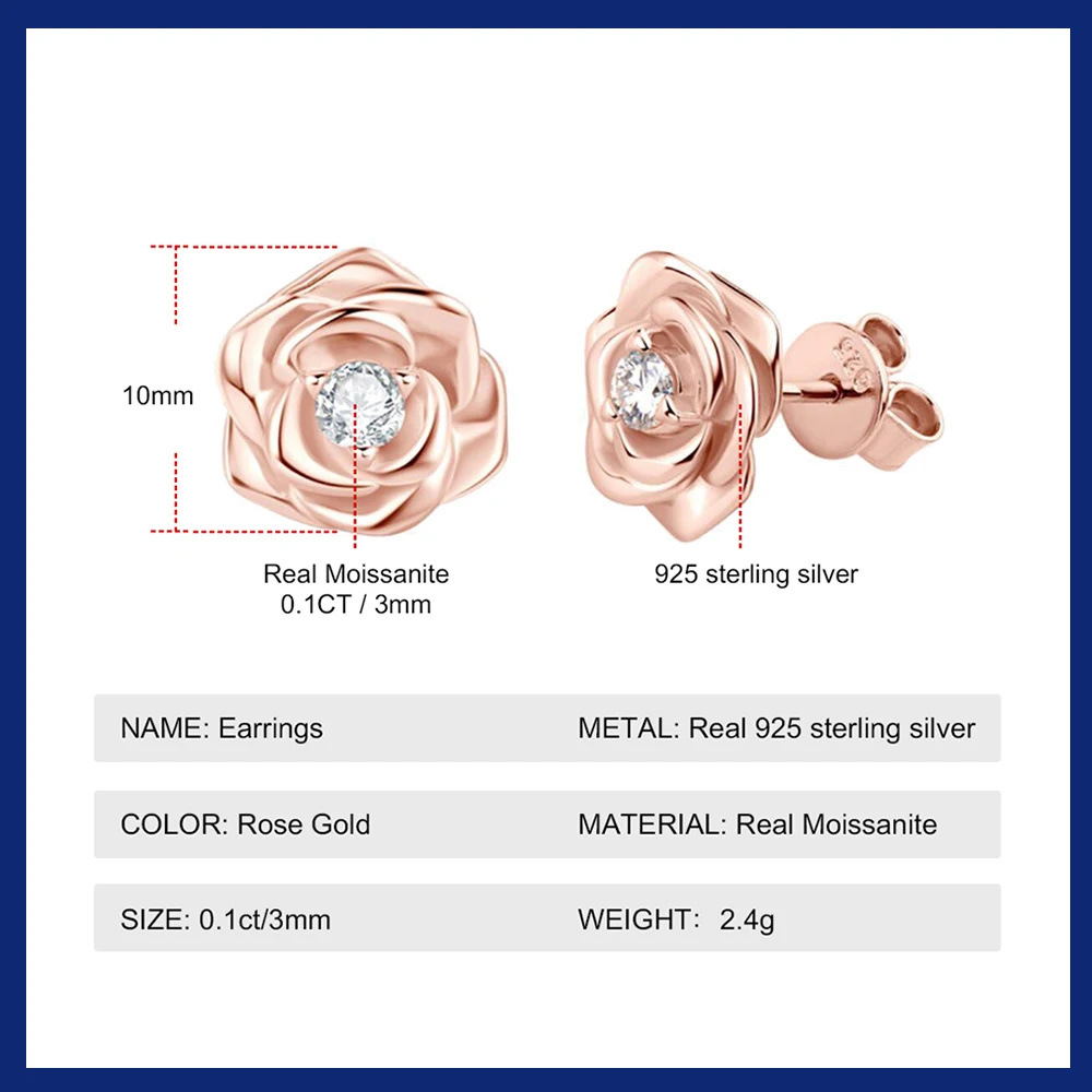 Sweetrain Rose Gold Moissanite Earrings for Women 925 Sterling Sliver 3mm Rose Flower Diamond Stud Earring Fine Jewelry Gift