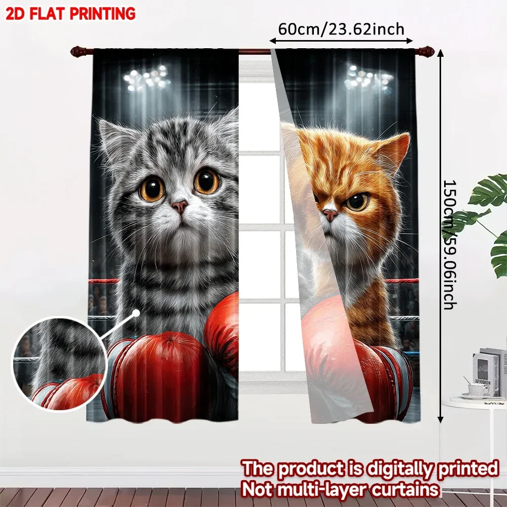 2D flat printing 2pcs Curtain Fashion Boxing Cat Pattern Digital Printed Polyester Drapes Festive Curtains for Holiday