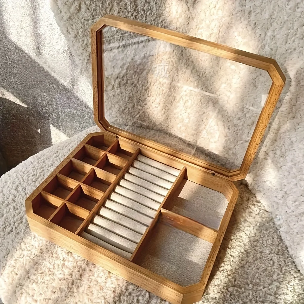 Simple Oak Transparent Octagonal Flip-top Jewelry Box, Desktop Multi-purpose Jewelry Ring, Earring, and Necklace Storage Box