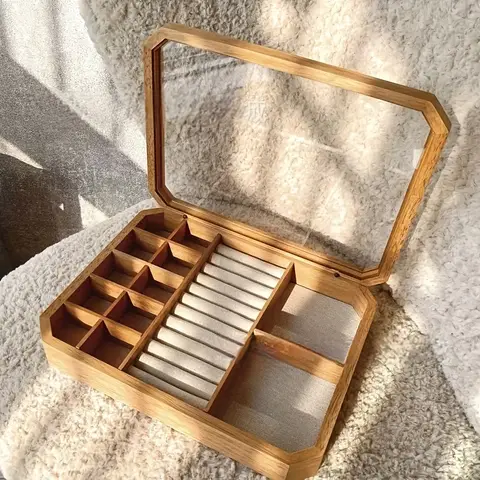 Simple Oak Transparent Octagonal Flip-top Jewelry Box, Desktop Multi-purpose Jewelry Ring, Earring, and Necklace Storage Box