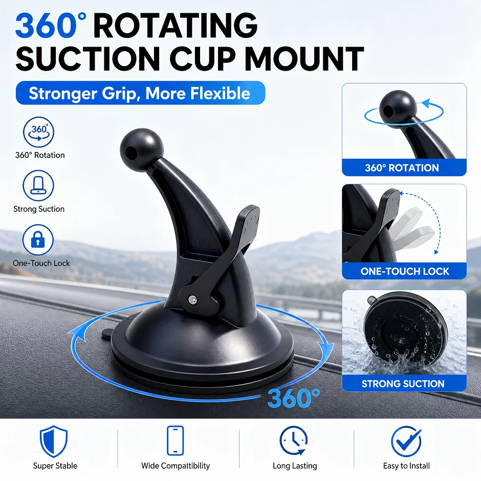 360 Degree Rotatable Suction Cup Mount Stand Holder, Plastic Replacement Car Accessory, for Garmin Nuvi GPS