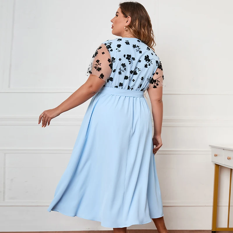 KEBY ZJ 3XL 4XL Plus Size Women Clothing Lace Short Sleeve Long Dress Summer V-Neck Belt Blue Floral Print Lady Big Size Dresses