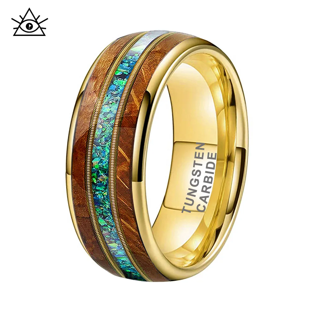 8mm Two-sided Grooved Barrel Wood Inlaid Double Guitar String 3A Green Opal Ring Rings