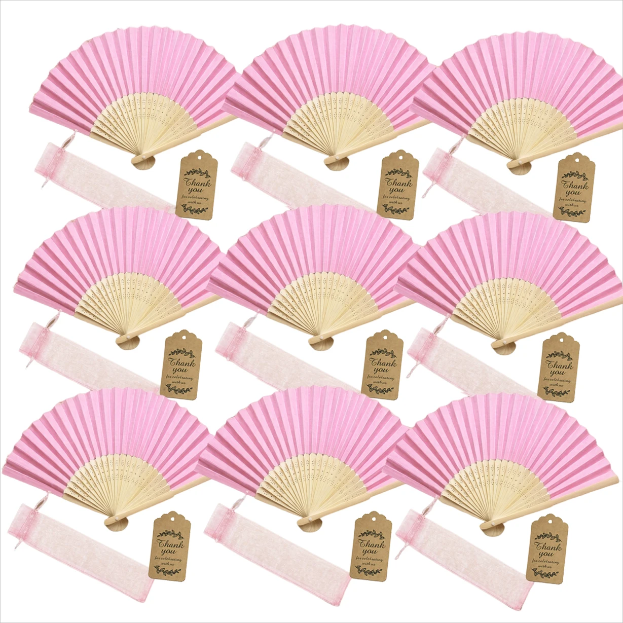 15~60Pcs Set Foldable Pink Paper Fans Bulk Hand Fan with Sheer Pouch & Gift Tag for Bridesmaid Proposal Home Decor DIY Craft TMZ