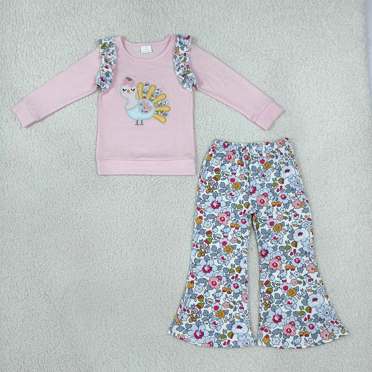 Baby Girl Thanksgivings Clothes Sets Kids Cute Fashion Clothing Embroidery Turkey Flowers Long Sleeve Top Flare Pant Wholesale