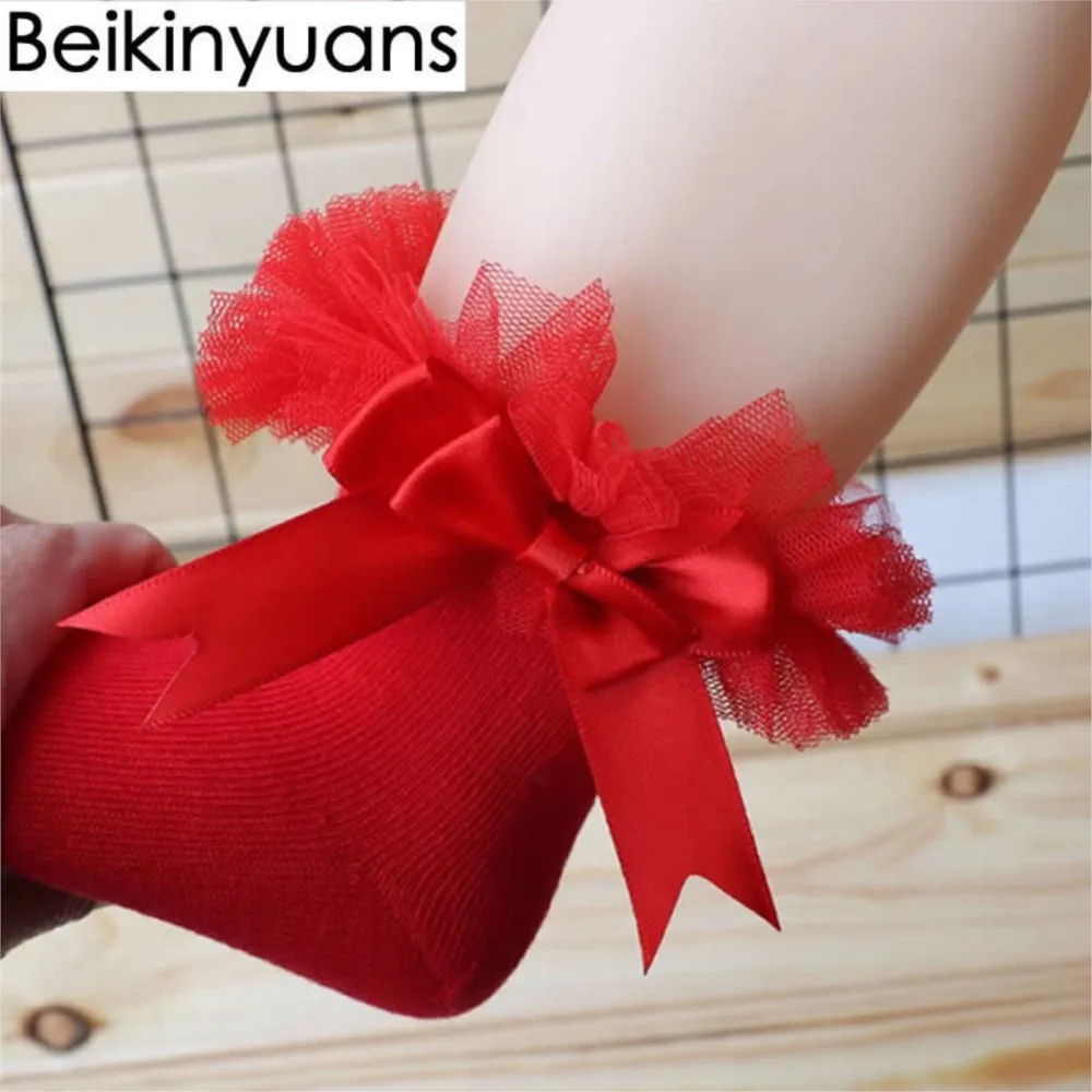 신생아 아기 양말 편안한 공주 베이비 레이스 양말 콤비네이션 코튼 걸스 baby Bowknot Infant Ruffled Knitting socks