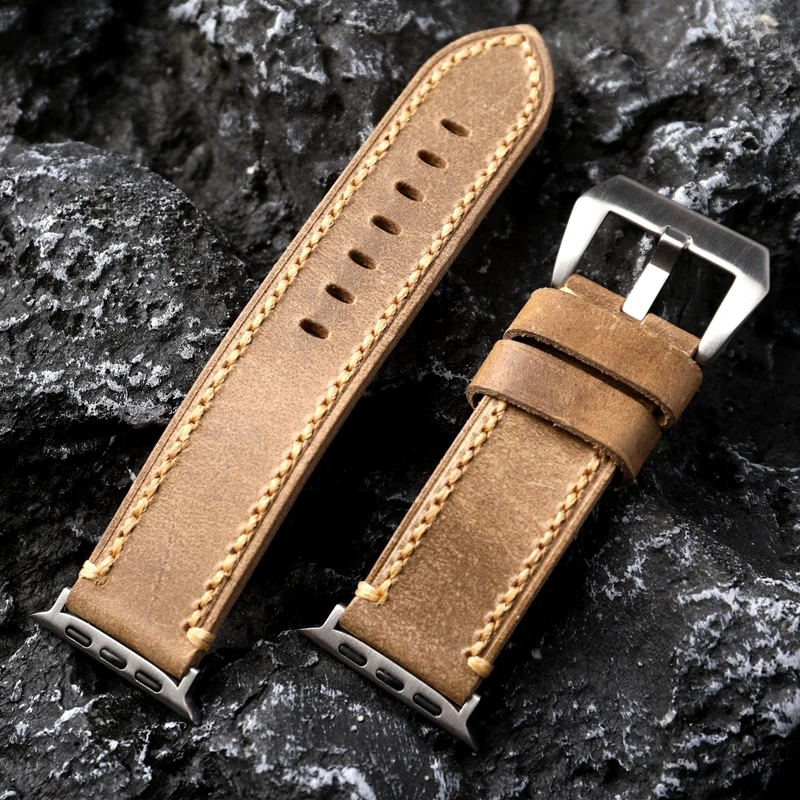 Handmade Custom For Apple Applewatch Ultra Watch Strap 49MM 45MM Vintage Brushed Leather Men\'s Bracelet