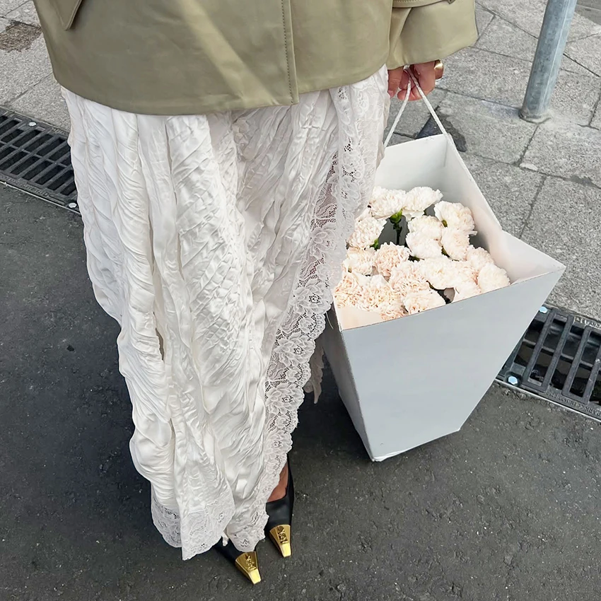 Linad-faldas asimétricas blancas sexis con abertura para mujer, falda larga elegante bordada de cintura alta, faldas de encaje elegantes de calle para otoño 2025