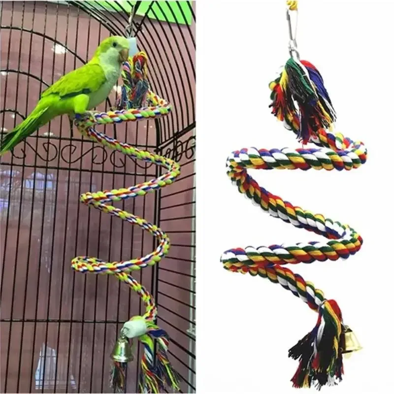 Bird Toy Spiral Cotton Rope Chewing Bar Parrot Swing Climbing Standing Toys with Bell Bird Supplies Parrots Climbing Swing Toys