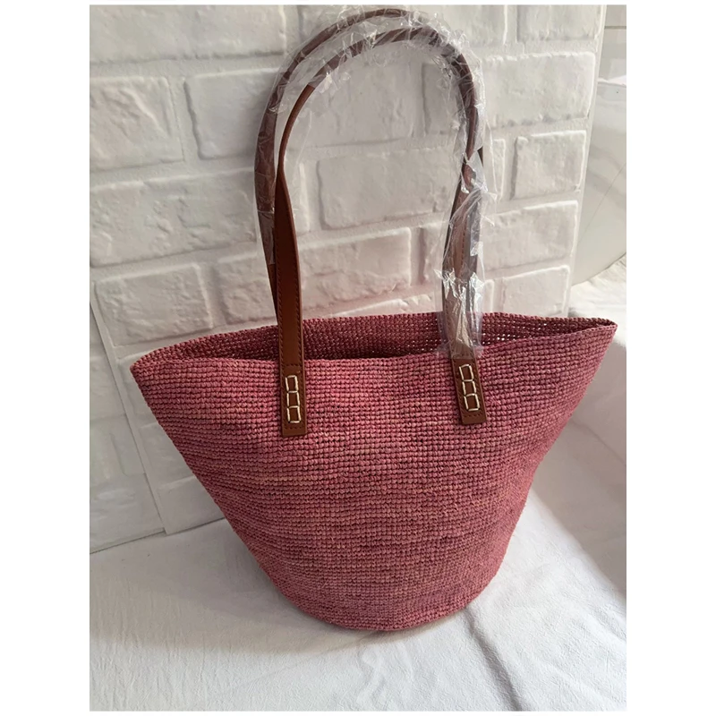 Raffia-Stroh-Häkel-Schultertasche mit Rindslederriemen, Damen-Tragetasche, Sommer-Strand-Urlaubstasche mit großer Kapazität, einfarbige Handtasche – Detail 9