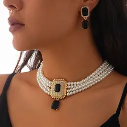 PuRui Retro 2Pcs/Set Multi Layer Imitation Pearl Chain Necklace Stud Earrings For Women Elegant Wedding Banquet Jewelry Suit New