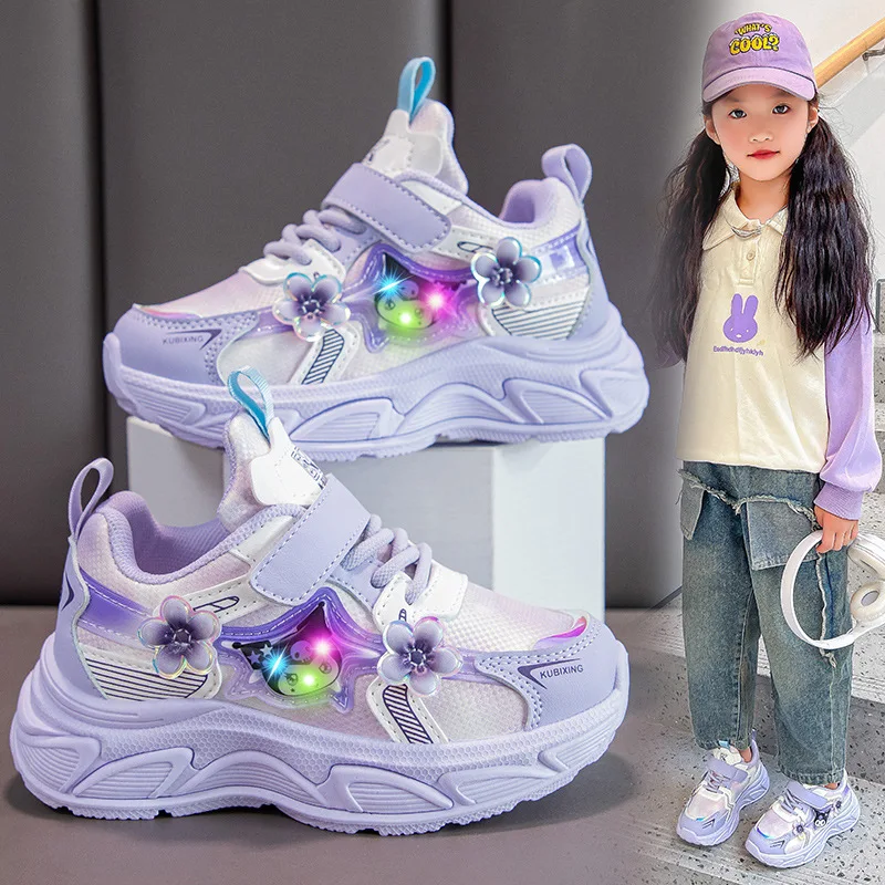 

2026 Kuromi LED Light Up Shoes for Girls Waterproof Leather Sneakers with Rotating Buckle Princess Casual Shoes