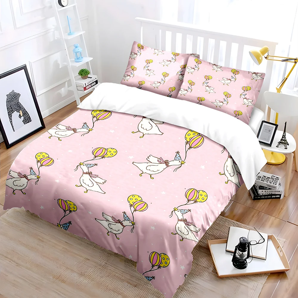 White geese with balloons on pink Pattern Duvet Cover Set Digital Print Colorful Polyester Bedding with Zipper Closur kids gifts