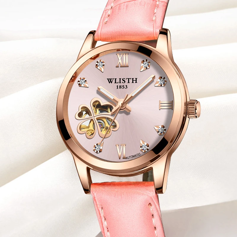 Women Automatic Mechanical Watches Diamond Four-leaf Clover WristWatches Ladies Leather Pink Watch Waterproof Senhoras Assistir