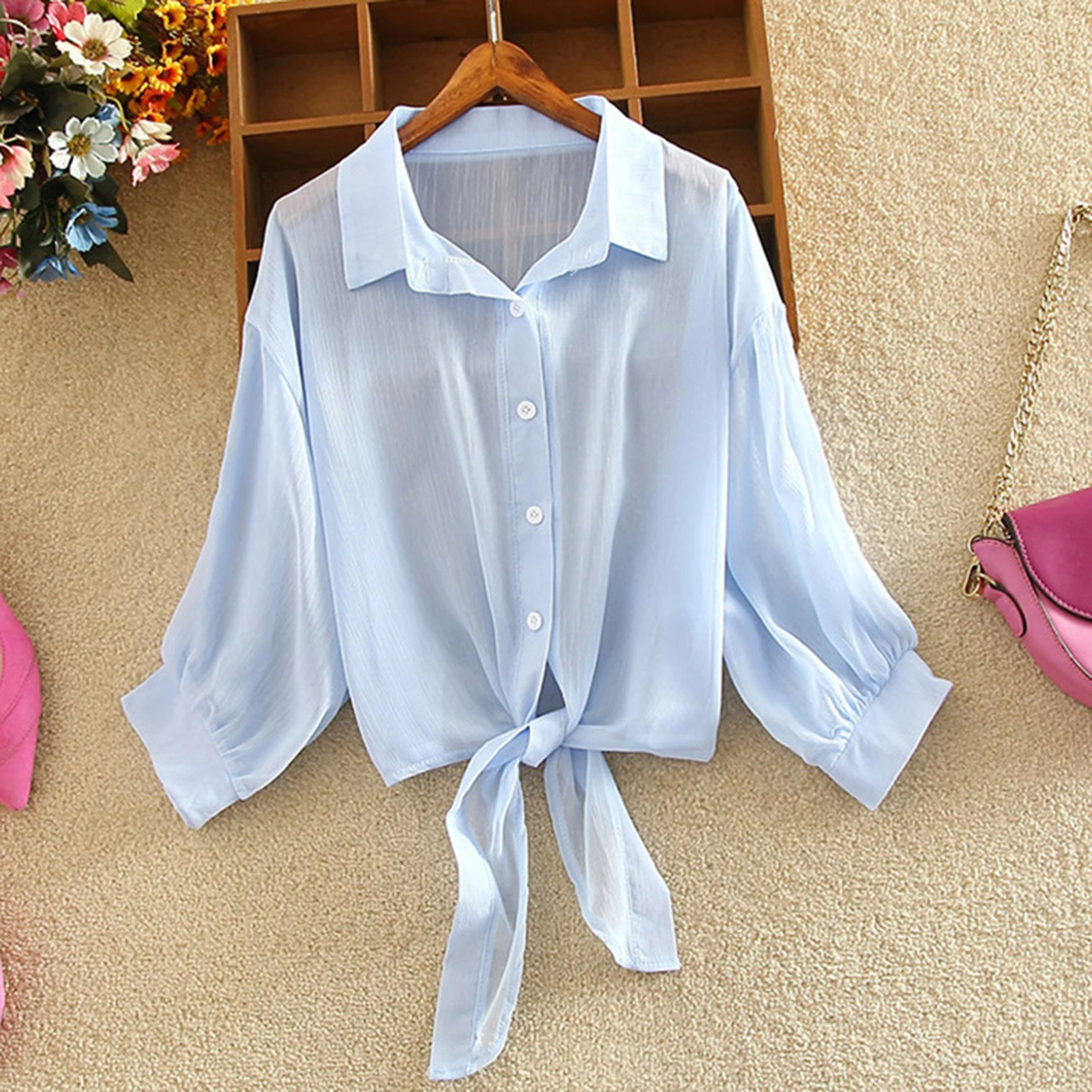 

Summer Blouse Sun Casual Loose Women Blouse Elegant Tied Waist Blouse Women Summer Bat Sleeve Button Chiffon Shirt