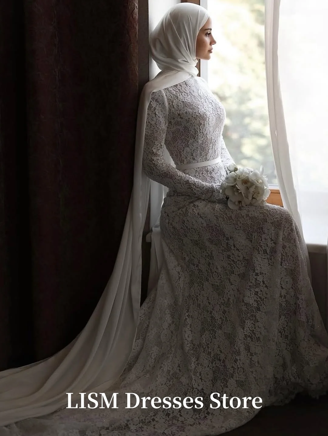 LISM Vestidos de noiva luxuosos com gola alta, mangas compridas, renda de seda, elegantes, longos, personalizados, فستان mire40.