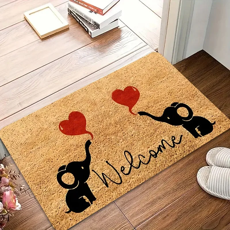 Paillasson d'entrée motif Cœur d'éléphant mignon, Ballon d'amour amusant, Tapis de bienvenue Kaki, Tapis de sol pour intérieur et extérieur, Décoration de maison