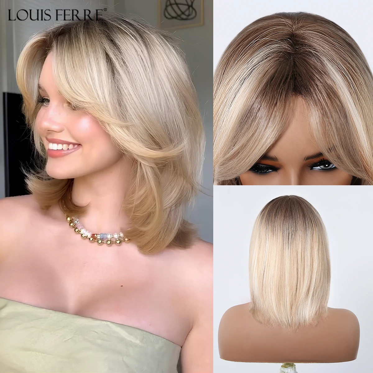 Brązowo-blond Ombre Syntetyczne peruki z grzywką Krótka prosta blond peruka dla kobiet Średniej długości naturalne włosy Codzienne użytkowanie