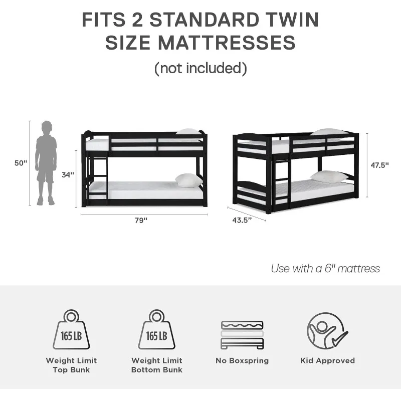 Phoenix Twin Bunk Bed with Ladder, Black, Space-Saving Design, Solid Wood Construction