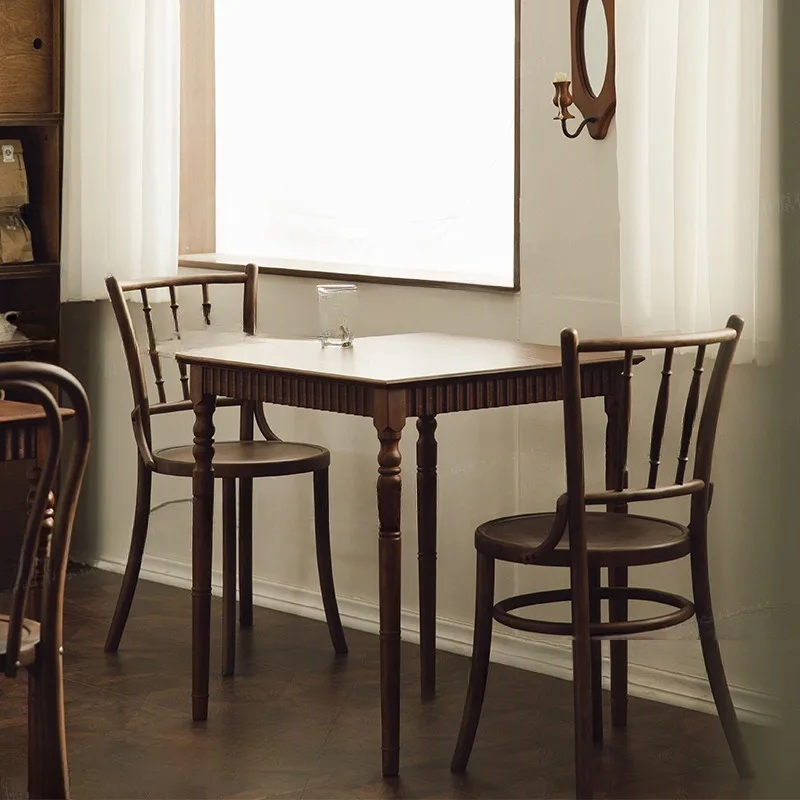 Walnut dining table, medieval, retro square table with furniture, dining table