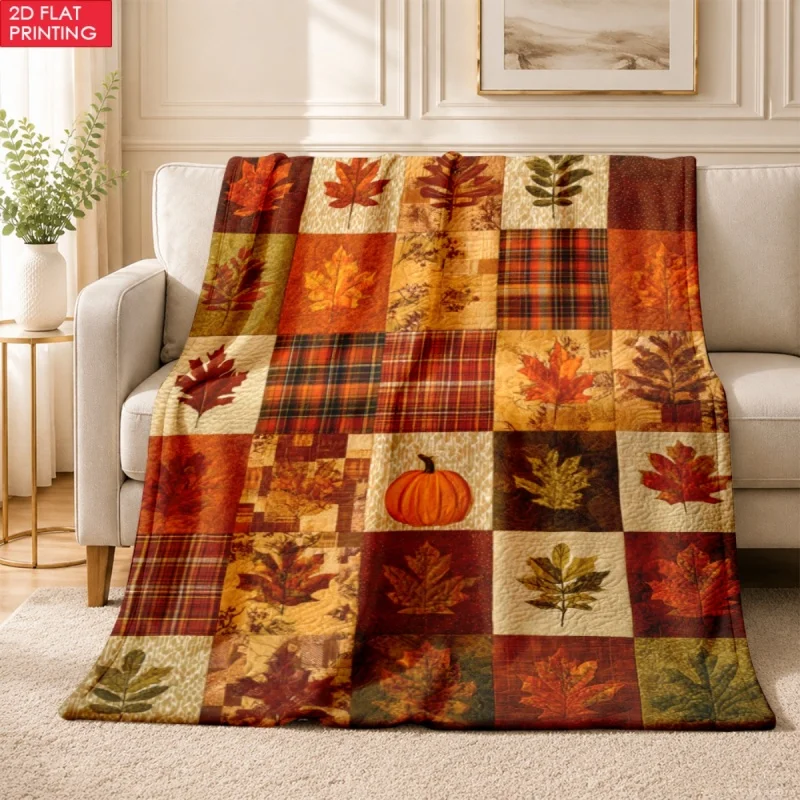 Plaid Maple Pumpkin Patchwork Throw Blanket, Autumn Harvest Printed Soft Flannel Blanket for Sofa Bedroom Home Decor