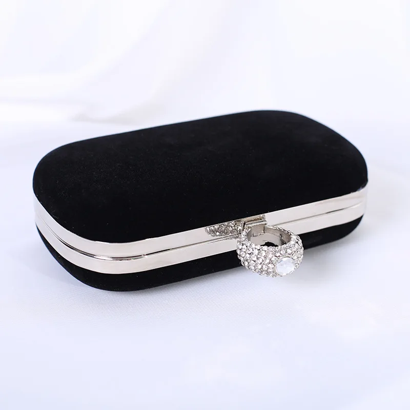 Retro Blue Velvet Small Clutch For Women Fashion Fine Rhinestone Ring Handbags Elegant Trendy Wedding Party Evening Bag Clutches