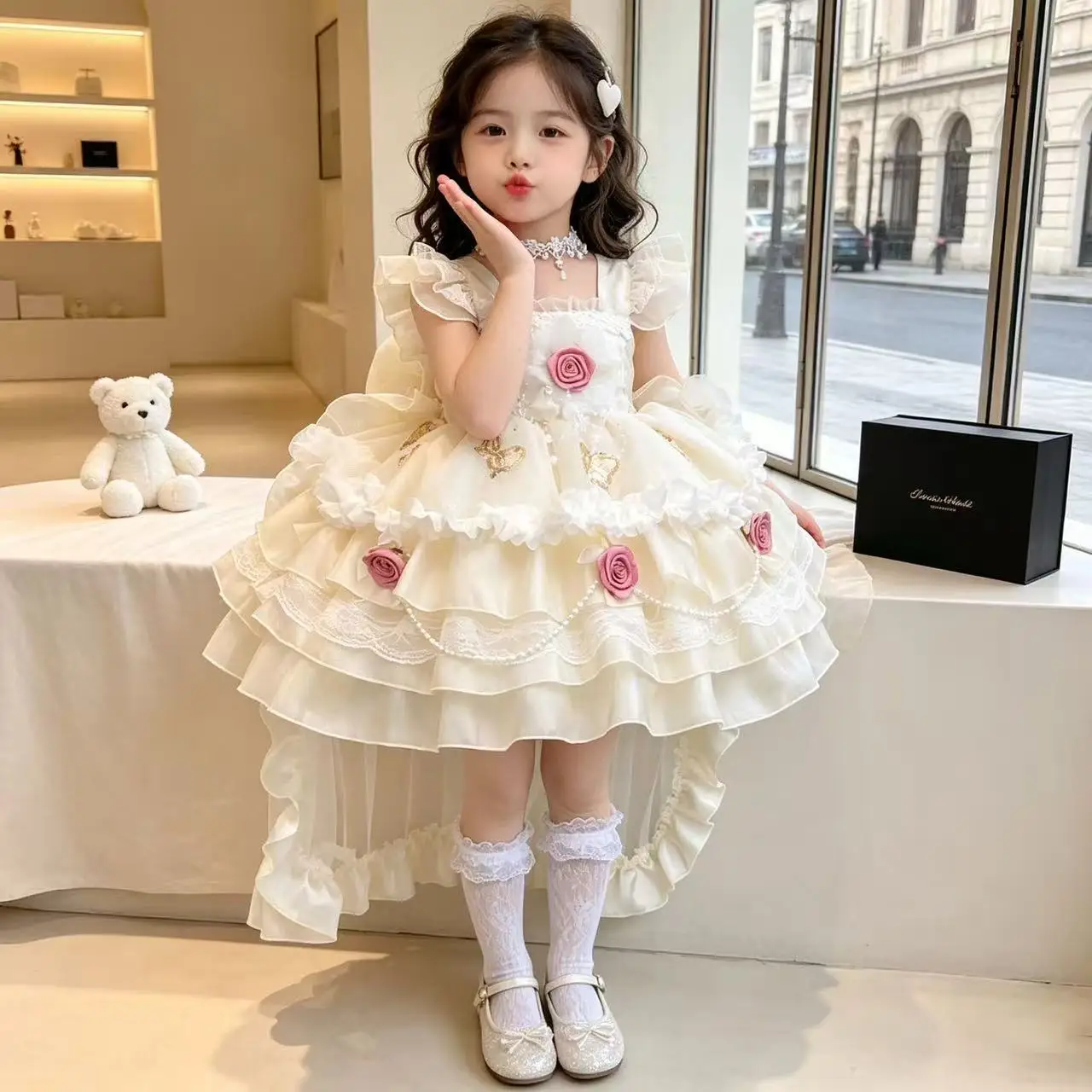 Girls Lolita Dress Summer New Sweet Spaghetti Strap Princess Gown Kids Tulle Ball Gown Wedding Party Elegant Dress