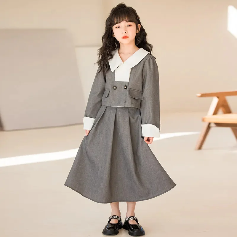 2023 Spring Autumn New Girls Solid Cardigan Suit Coat + Long Skirt 2 Pieces Set Casual Kids Clothes Age 6 To 15 Years Old