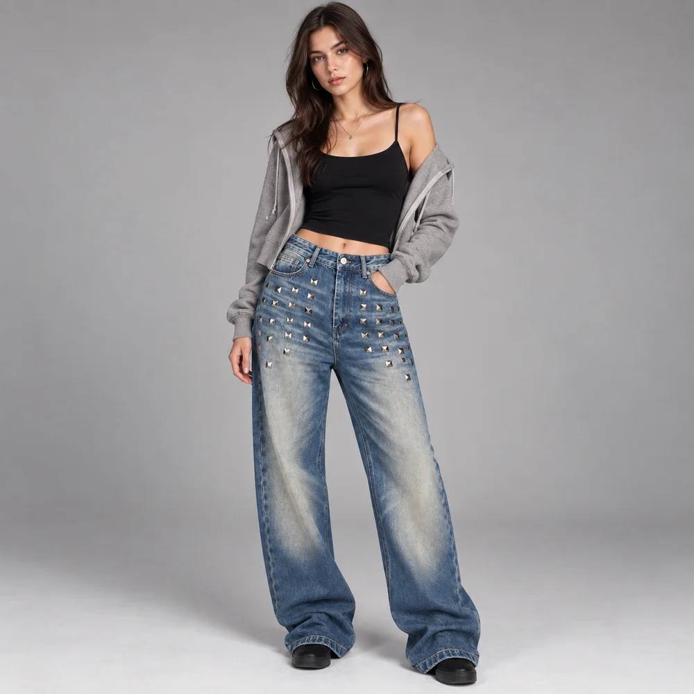 Women's Blue Washed Studded Wide Leg Jeans High Rise Relaxed Straight Fit Vintage Streetwear Pants