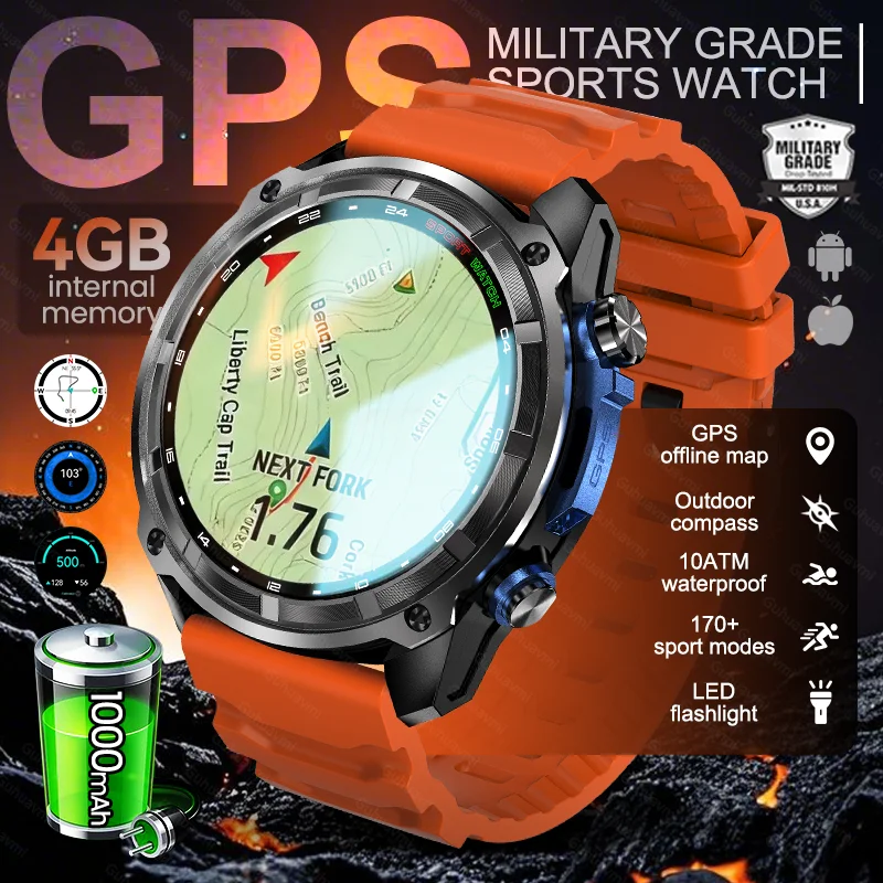 

New Military GPS Map Smart Watch Men 1000mAh Battery Compass 10ATM Waterproof HD Bluetooth Call Adult Sports Fitness Smartwatch