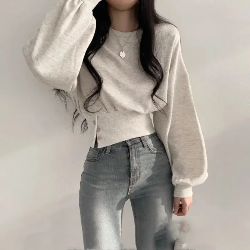 Women\'s 2023 Spring and Autumn New Korean Casual Solid Color Long Sleeved Button Loose Round Neck Belted Pullover Short Hoodies