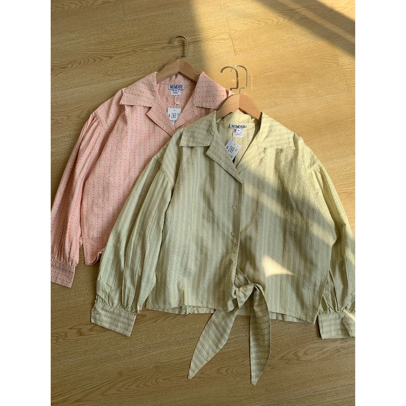 

Japanese Solid Striped Jacquard Shirt for Women's Summer Turn-down Collar Long Sleeve Lace-up Shirt Loose Casual Fashion Tops