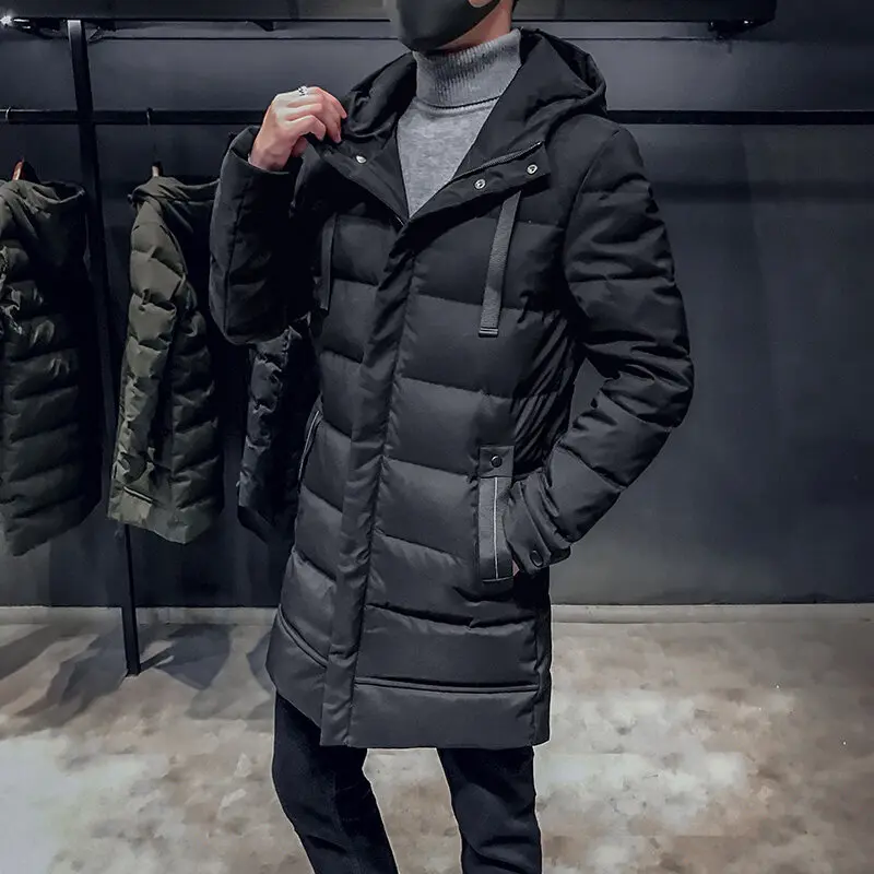 Casaco com capuz de comprimento médio masculino, bolso com zíper, laço, monocromático, slim fit, algodão grosso, manga comprida, combinação de inverno, novo, 2023