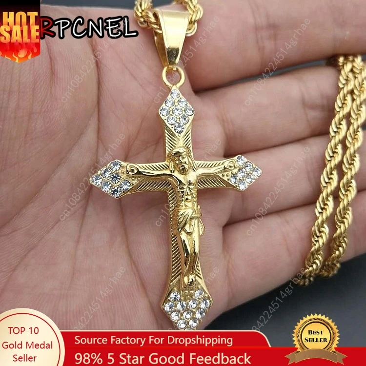 

Gold color tone Cross Christ Jesus Pendant Necklace with zircon 316L Stainless Steel Link rolo Chain Heavy Men Jewelry Gift