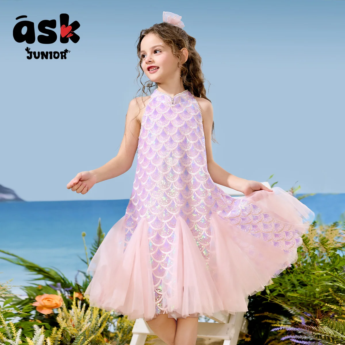 فستان الأميرة حورية البحر بدون أكمام شبكي متباين بالترتر الأرجواني للفتيات الصيفي للأطفال