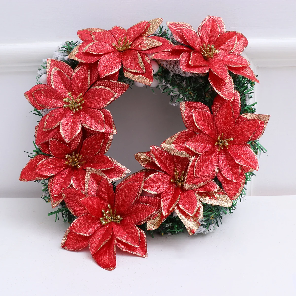 

12Pcs Christmas Flower Decor 13Cm Glitter Artificial Flowers for Xmas Tree Home Wall Window Door Decoration Red